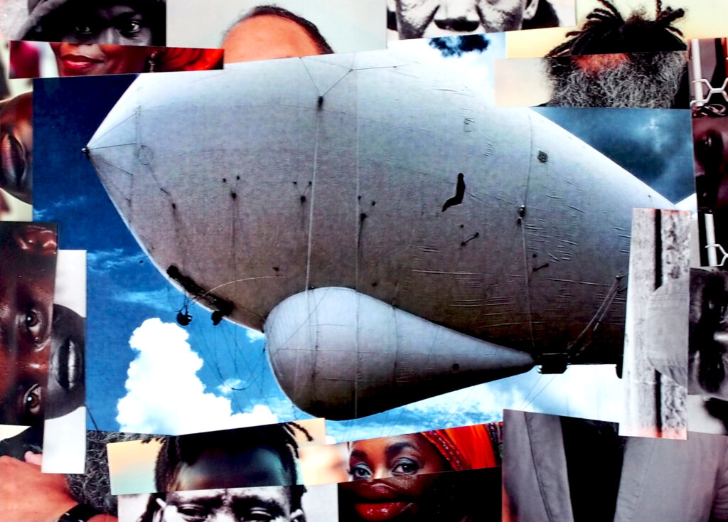 Collage: an image from a Frontex suborbital satellite superimposed on a background of colonial-era archival faces that have been cut out and reassembled into hybrid figures.
