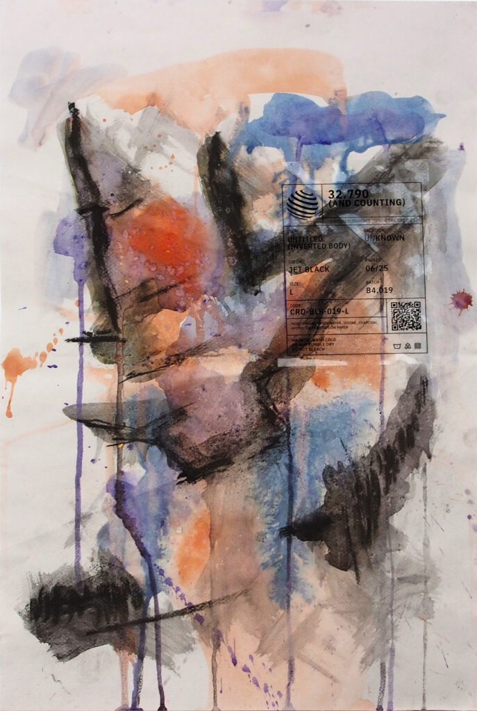 Serie "32,790 and counting": drawing on paper of an inverted body; minimal line on a neutral ground.