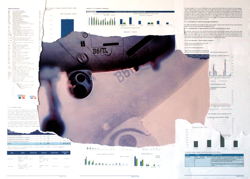 “The Drones”: a Frontex drone superimposed on a statistical report from the agency.