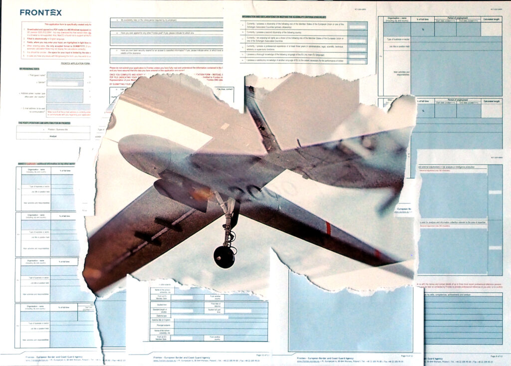 «Los drones»: silueta de dron de Frontex superpuesta a un documento de recursos humanos de la agencia.
