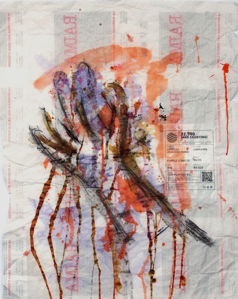 Series "32,790 and counting": drawing of a reaching hand on paper.