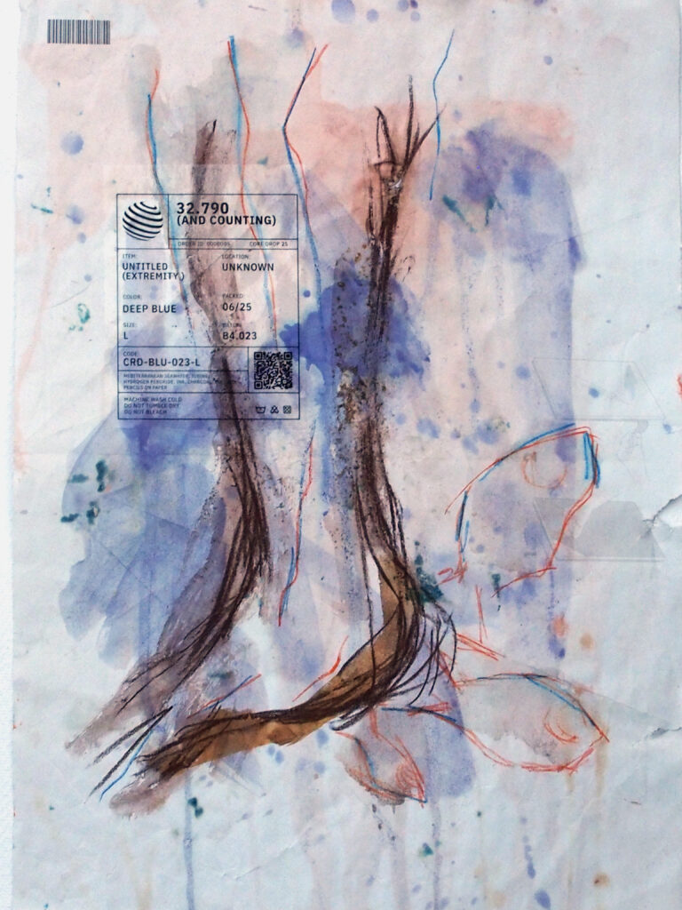 Series "32,790 and counting": drawing of a limb on paper.