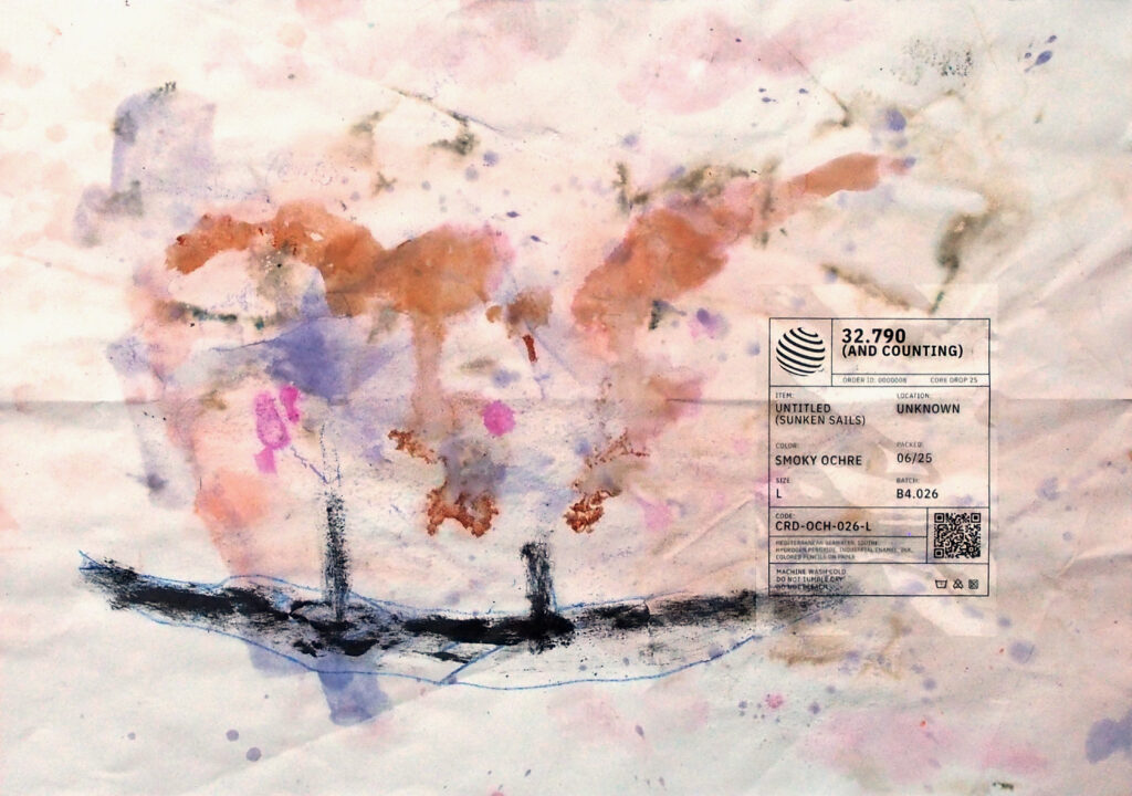 Series "32,790 and counting": drawing of sunken sails on paper.
