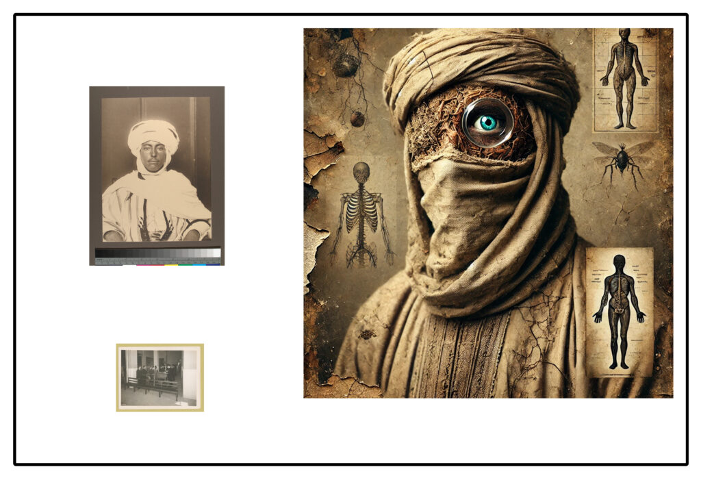 Serie «Las voces que faltan» (pieza I): composición que funde un retrato de archivo del siglo XIX y un documento con una figura híbrida generada digitalmente; entre lo anatómico y el archivo de Ellis Island.