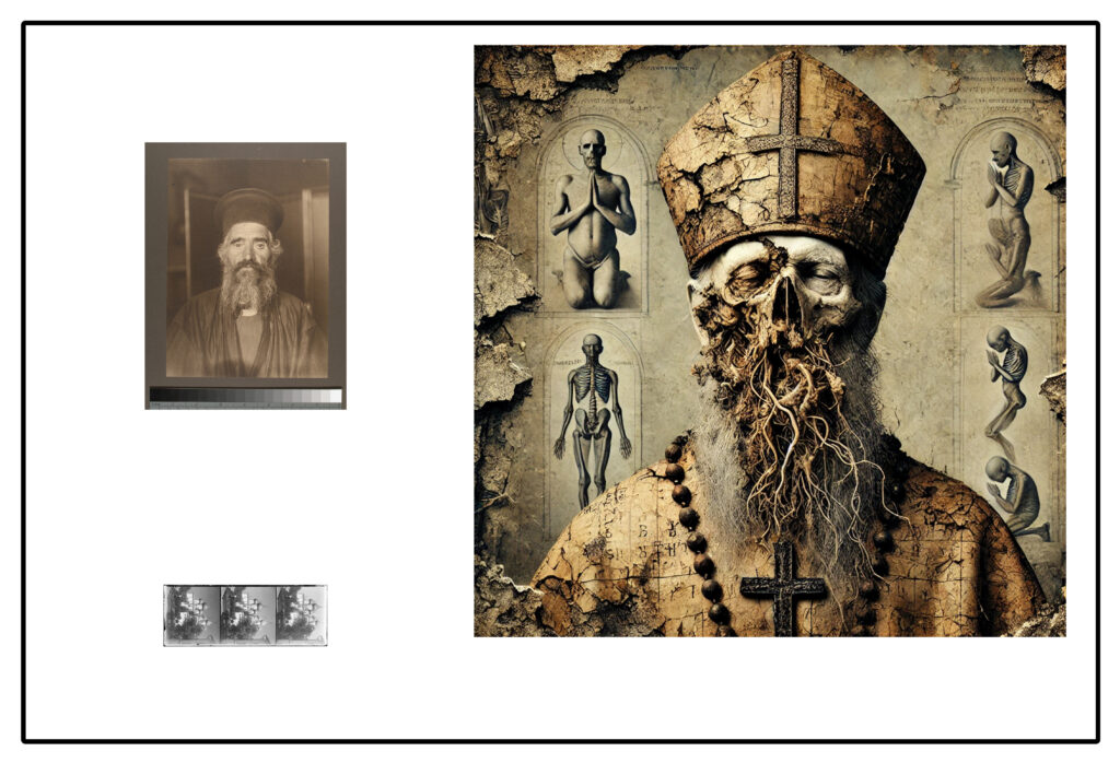 Serie «Las voces que faltan» (pieza II): composición que funde un retrato de archivo del siglo XIX y un documento con una figura híbrida generada digitalmente; entre lo anatómico y el archivo de Ellis Island.