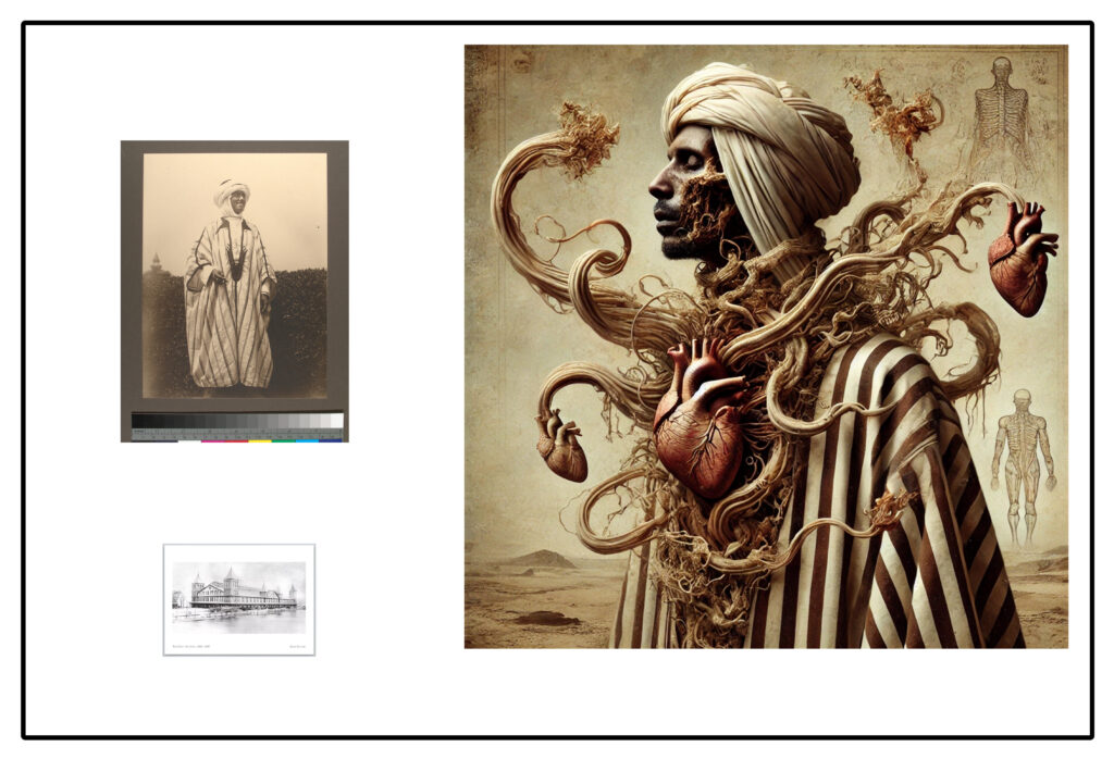 Serie «Las voces que faltan» (pieza III): composición que funde un retrato de archivo del siglo XIX y un documento con una figura híbrida generada digitalmente; entre lo anatómico y el archivo de Ellis Island.