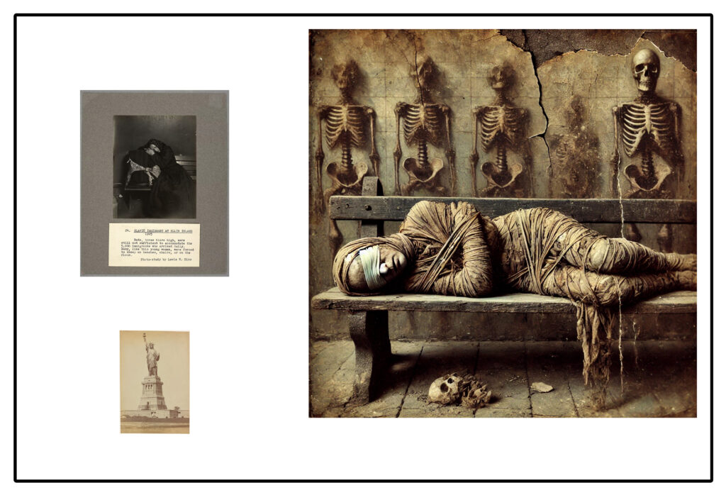 Serie «Las voces que faltan» (pieza IV): composición que funde un retrato de archivo del siglo XIX y un documento con una figura híbrida generada digitalmente; entre lo anatómico y el archivo de Ellis Island.