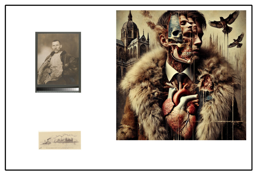 Serie «Las voces que faltan» (pieza V): composición que funde un retrato de archivo del siglo XIX y un documento con una figura híbrida generada digitalmente; entre lo anatómico y el archivo de Ellis Island.
