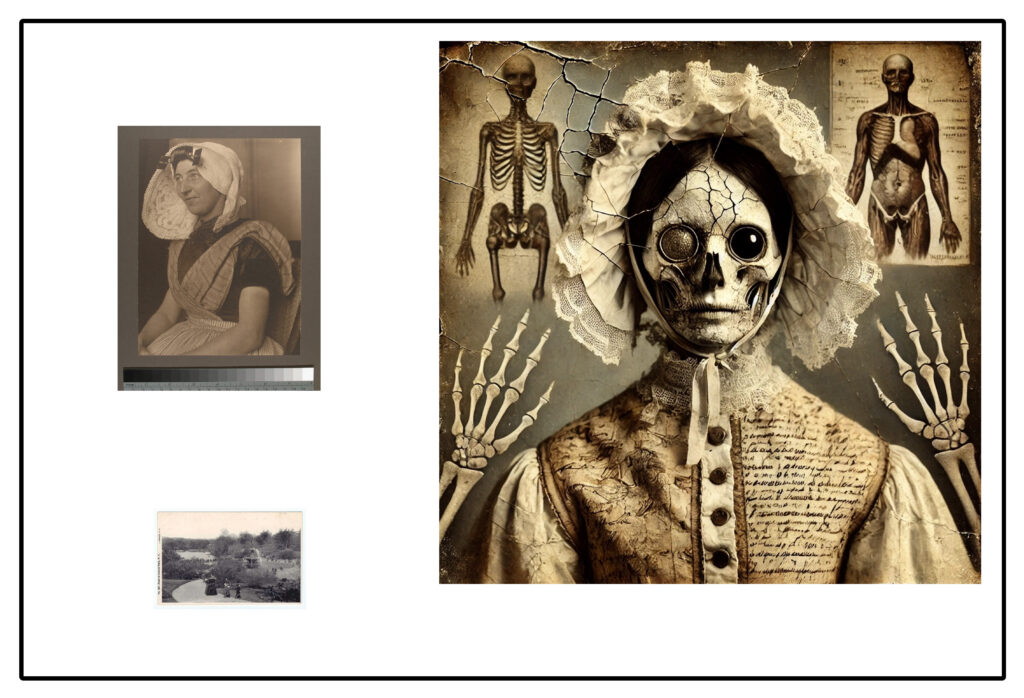 Serie «Las voces que faltan» (pieza VIII): composición que funde un retrato de archivo del siglo XIX y un documento con una figura híbrida generada digitalmente; entre lo anatómico y el archivo de Ellis Island.
