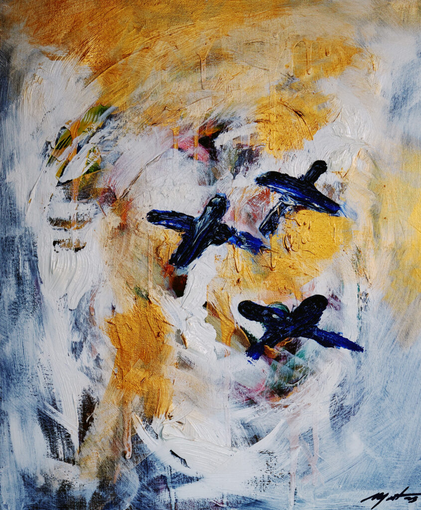 Head of a Saint IV, 2025, Oil and metallic acrylic on canvas, 60 × 50 cm. Painting by Ian Mont.