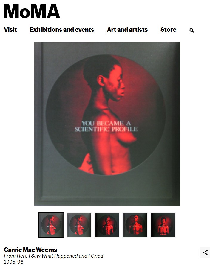 Screenshot of the MoMA website showing “From Here I Saw What Happened and I Cried” (1995–96) by Carrie Mae Weems.