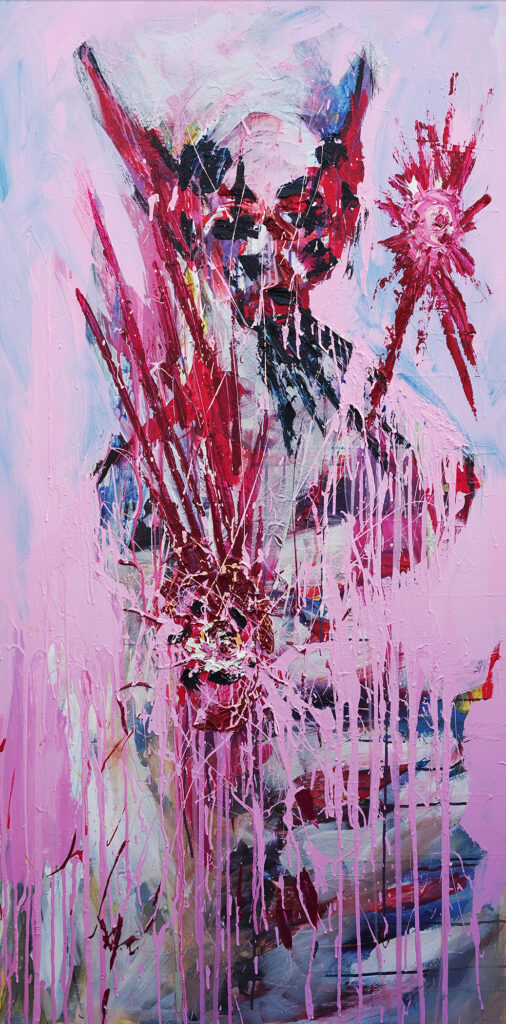 Demonic Heart of Jesus, 2025, Oil, acrylic and industrial paint on canvas, 160 × 80 cm. Painting by Ian Mont.