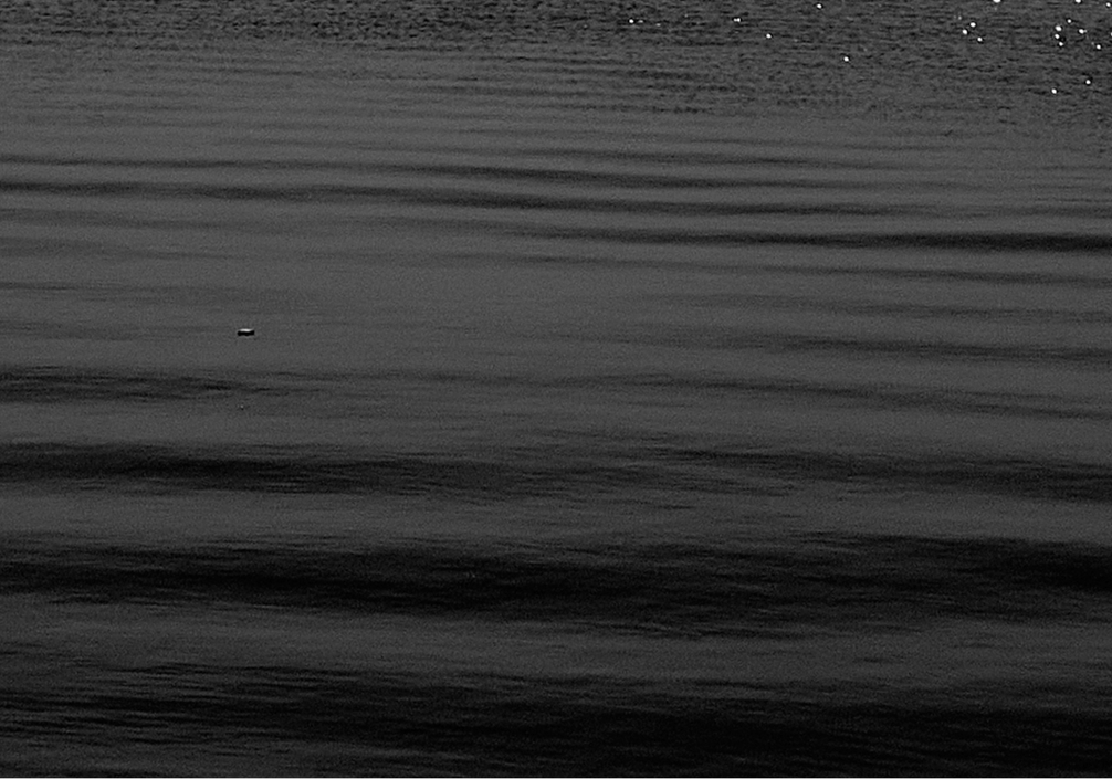 «Deriva», imagen liminal: red de pesca, madera astillada y manta térmica dorada en penumbra.