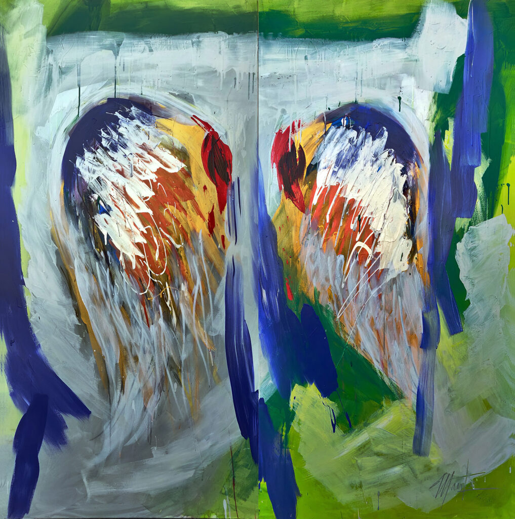 Broken Wings, 2021, Oil and acrylic on raw canvas, diptych, 160 × 160 cm. Painting by Ian Mont.