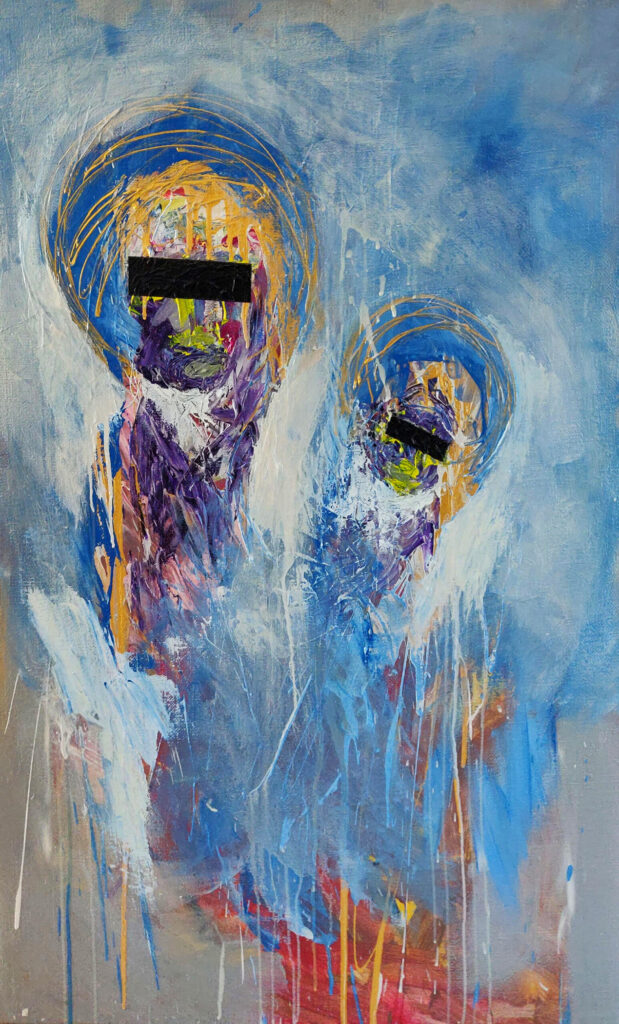The Suffering of the Virgin, 2022, Acrylic on burlap, 130 × 80 cm. Painting by Ian Mont.