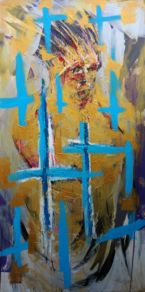 Heretic Among Crosses, 2025, Oil, acrylic and industrial paint on canvas, 160 × 80 cm. Painting by Ian Mont.