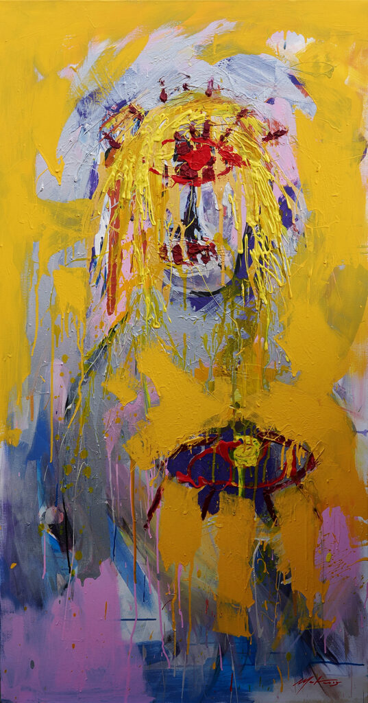Cyclops in Love, 2025, Oil, acrylic and industrial paint on canvas, 160 × 80 cm. Painting by Ian Mont.