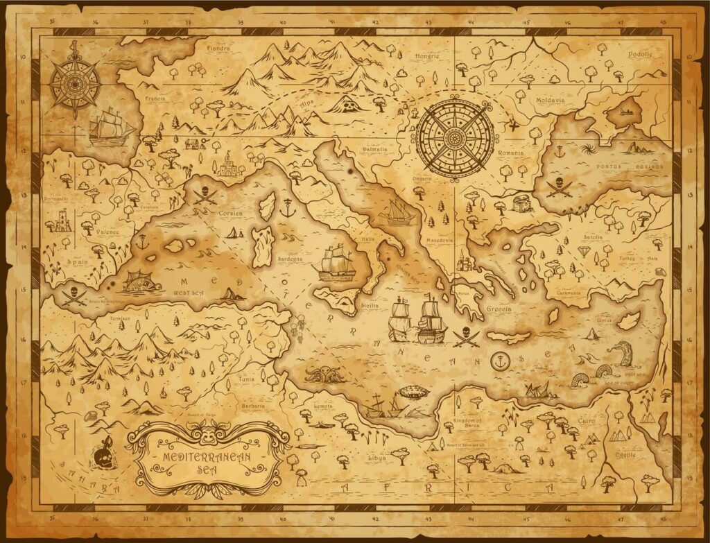 Mapa antiguo del mar Mediterráneo con ilustraciones de piratas y navíos; cartografía histórica de la cuenca.