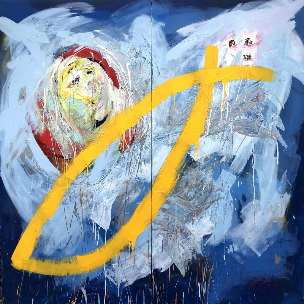 Castaways in the Mediterranean, 2021, Oil and acrylic on raw canvas, diptych, 160 × 160 cm. Painting by Ian Mont.