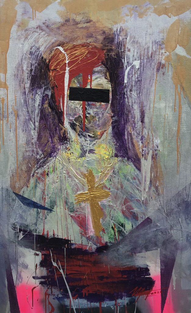 Bishop in Trouble, 2022, Acrylic and spray paint on burlap, 130 × 80 cm. Painting by Ian Mont.