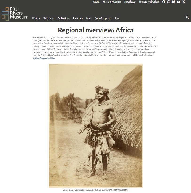Captura de la web del Pitt Rivers Museum, sección «Regional overview: Africa», con una fotografía tomada por Richard Buchta en Sudán en 1879.