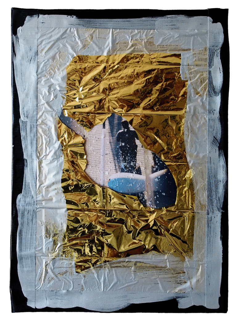 “Blanket and Salt” Series (02): A golden thermal rescue blanket marked by crusts of sea salt.