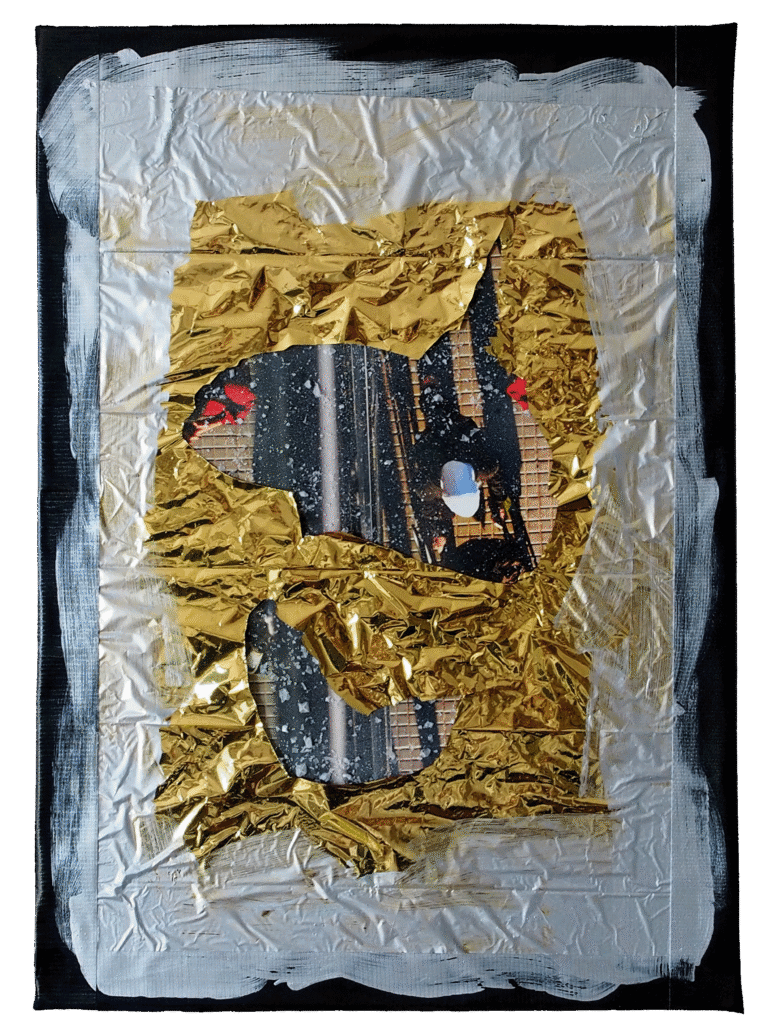 “Blanket and Salt” Series (03): A golden thermal rescue blanket marked by crusts of sea salt.