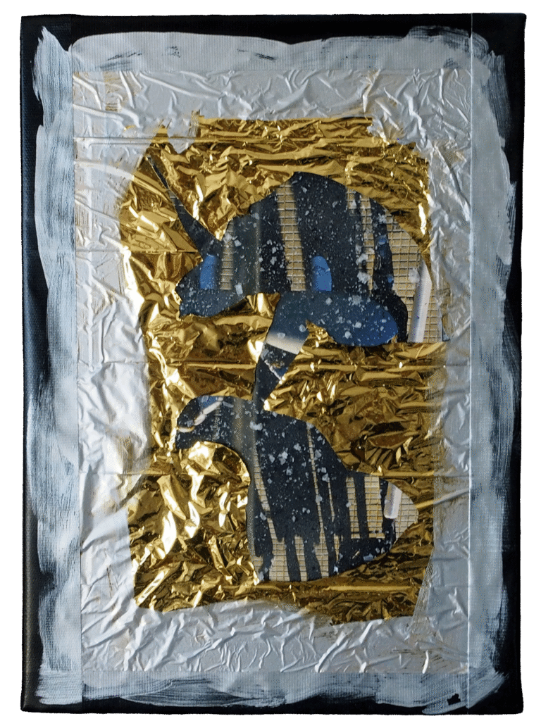 “Blanket and Salt” Series (04): A golden thermal rescue blanket marked by crusts of sea salt.