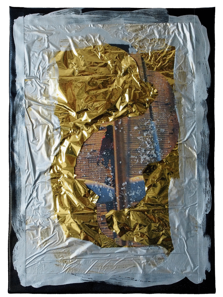 “Blanket and Salt” Series (05): A golden thermal rescue blanket marked by crusts of sea salt.