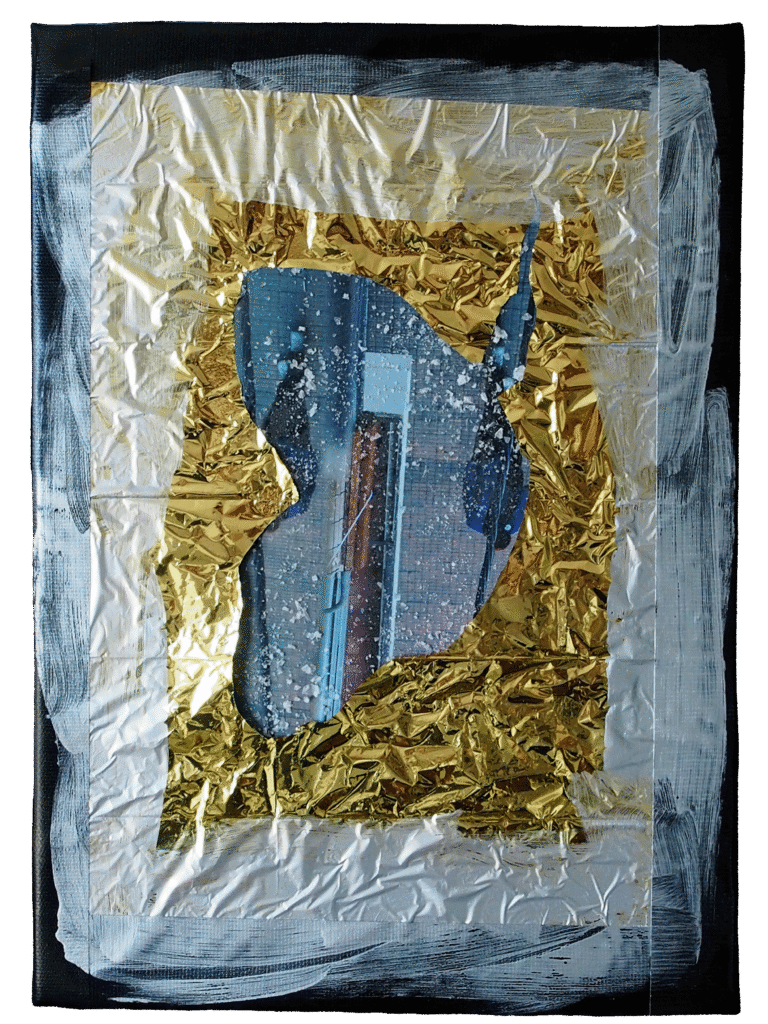 “Blanket and Salt” Series (06): A golden thermal rescue blanket marked by crusts of sea salt.
