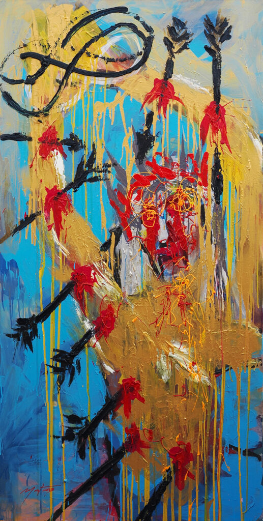 Infinite Saint Sebastian, 2025, Oil, acrylic and industrial paint on canvas, 160 × 80 cm. Painting by Ian Mont.