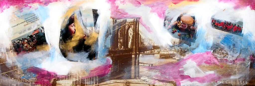 “Contraintuiciones: Brooklyn Bridge”: decorative canvas depicting a view of New York, altered with oil paint and white, pink, and blue acrylic, a photo transfer, and newspaper clippings.