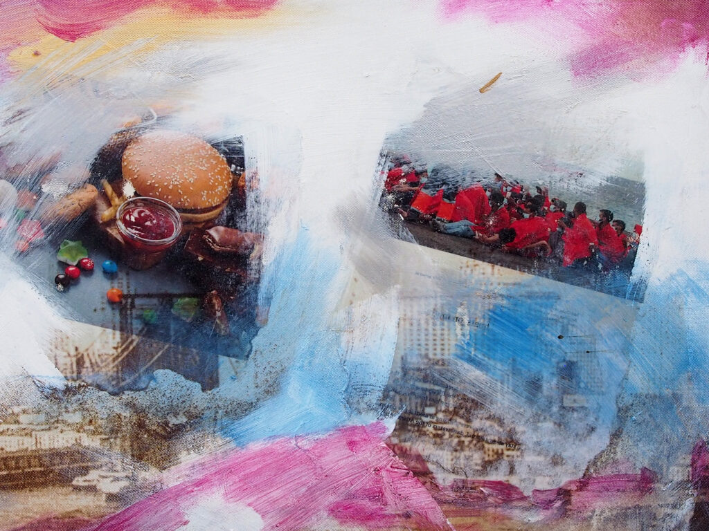 «Contraintuiciones, puente de de Brooklyn» (detalle): lienzo decorativo con vista de Nueva York intervenido con óleo/acrílico blanco, fragmentos fotográficos y grafía.