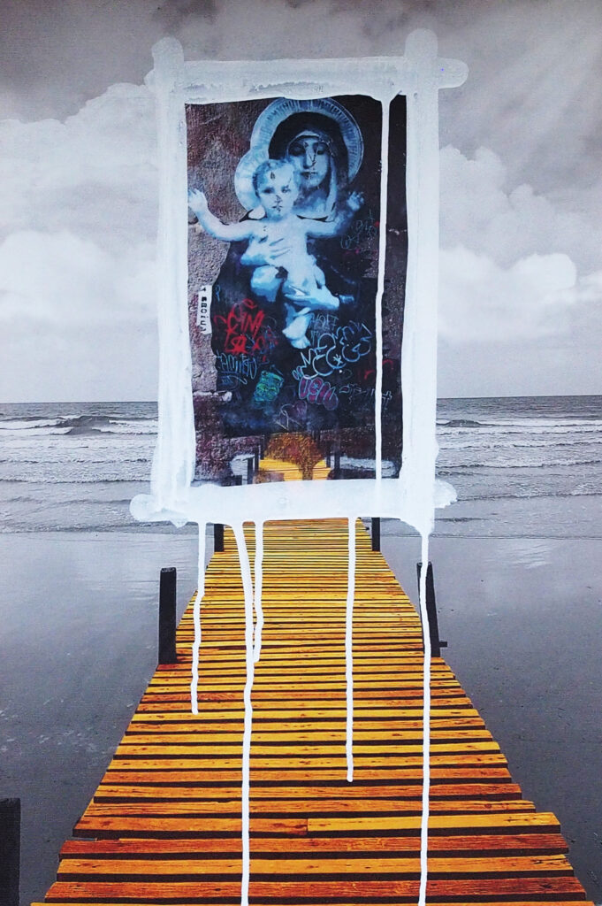 “Double Standard” (01): the same industrial medium treated with a transferred image and painterly gestures.