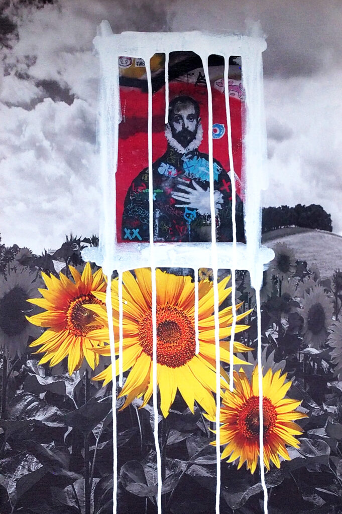“Double Standard” (02): the same industrial medium treated with a transferred image and painterly gestures.