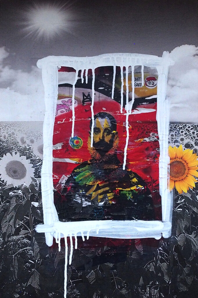 “Double Standard” (03): an image from humanitarian photojournalism covered by gestural painting and writing.