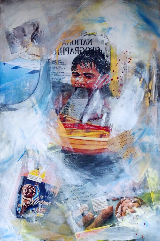 «Doble estándar» (05): imagen del fotoperiodismo humanitario cubierta por pintura gestual.