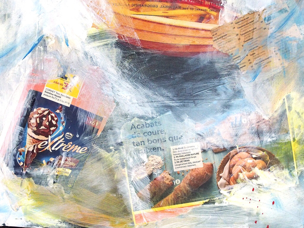 “Double Standard” (detail): a cutout from a decorative canvas altered with a transferred photograph and gestural painting.