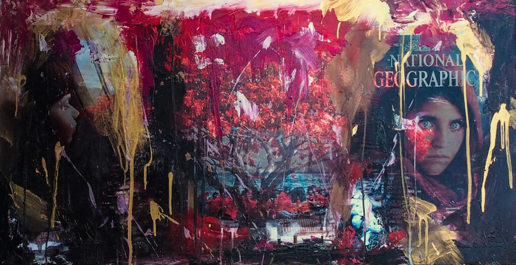 “Invisible Sequence”: a National Geographic cover transferred onto the surface and partially covered with red and yellow paint, writing, and drips; a humanitarian press clipping and a photograph by Ian Mont.